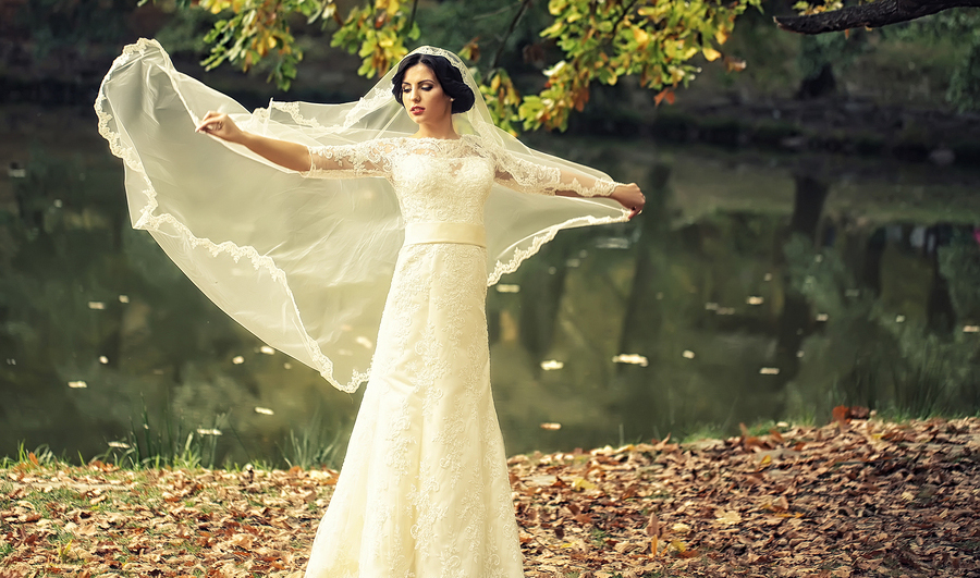 Fall Wedding Bride in a Pond